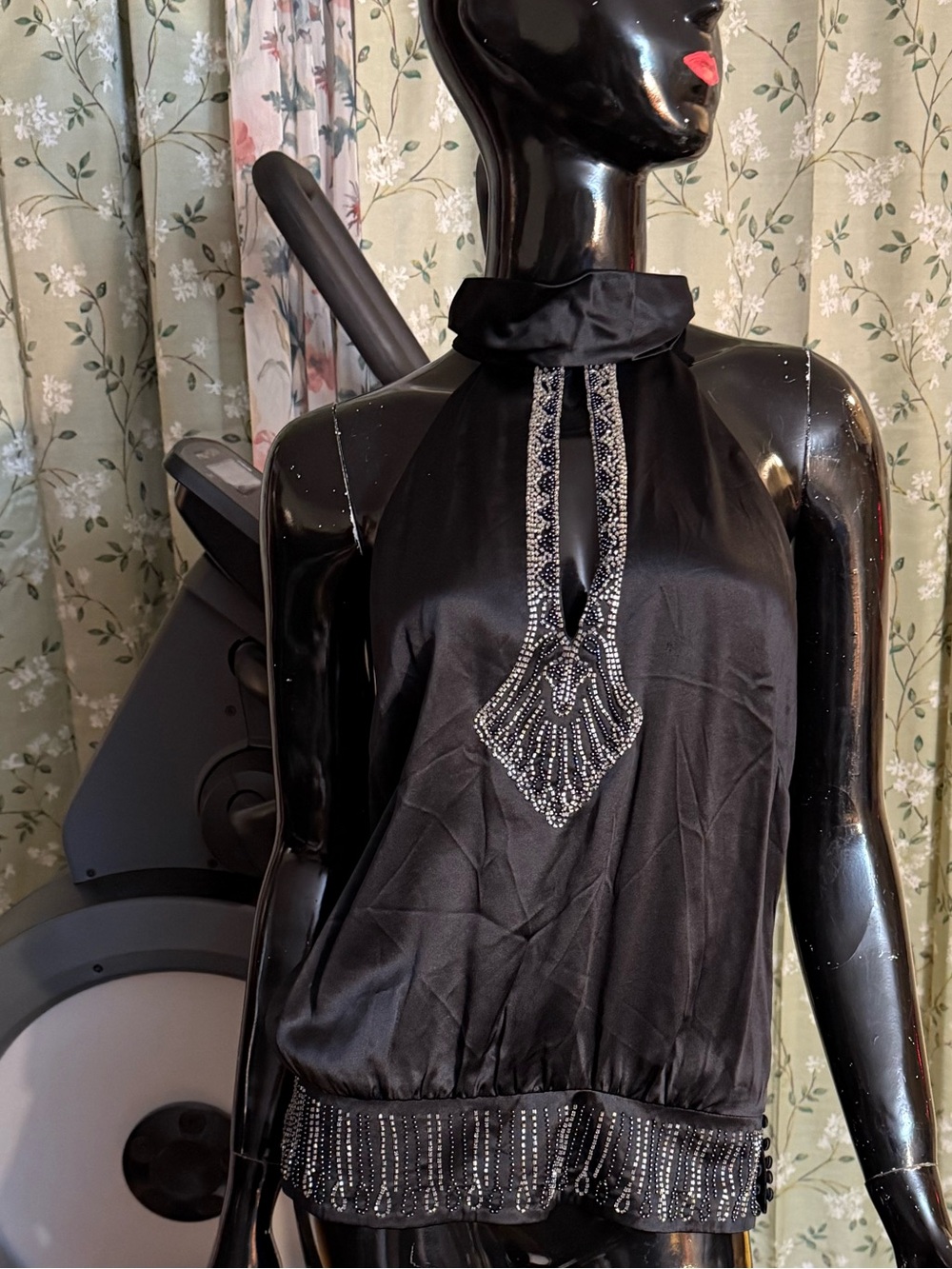 BCBGMaxAzria Black Beaded Halter Chemise Top Silk 100%